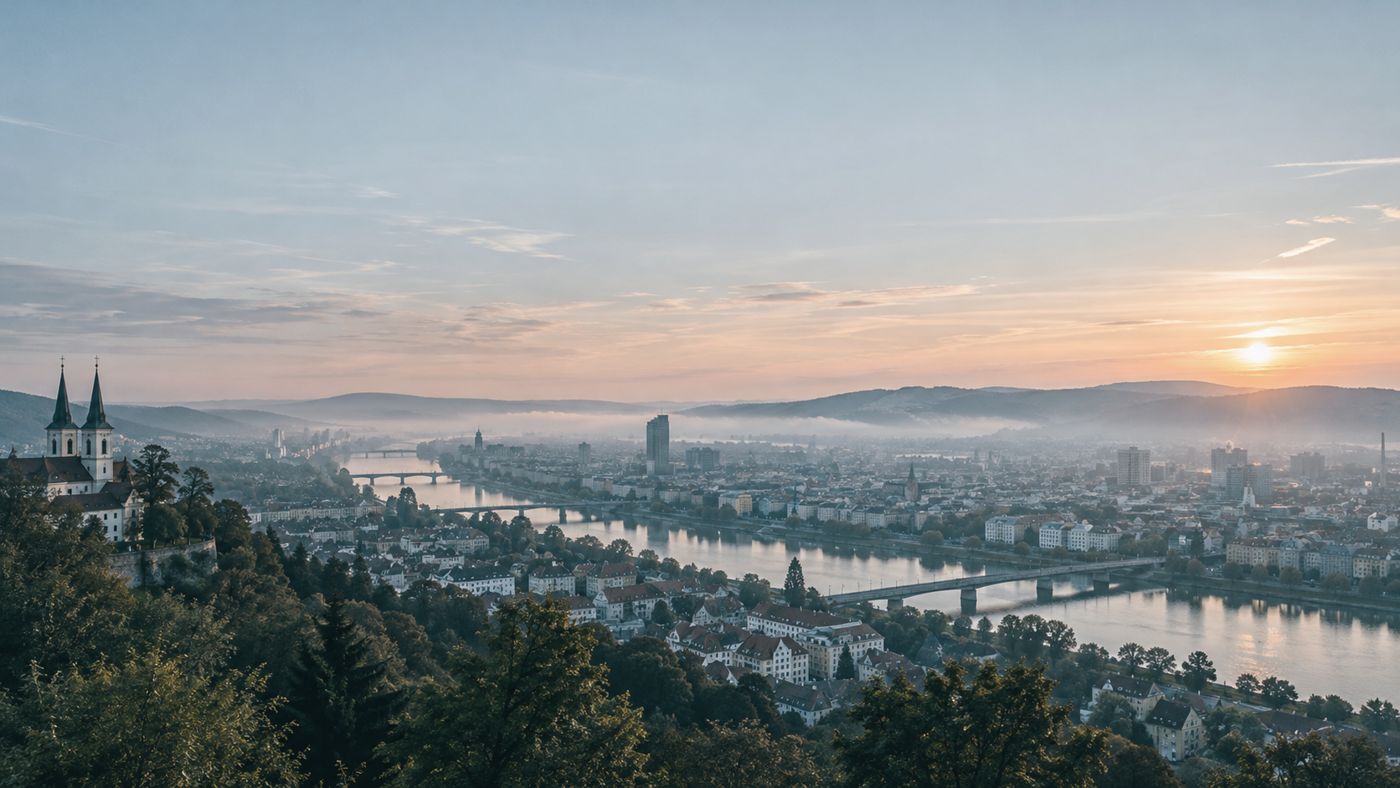 Blick vom Pöstlingberg über Linz und die Donau, früh, leichter Dunst