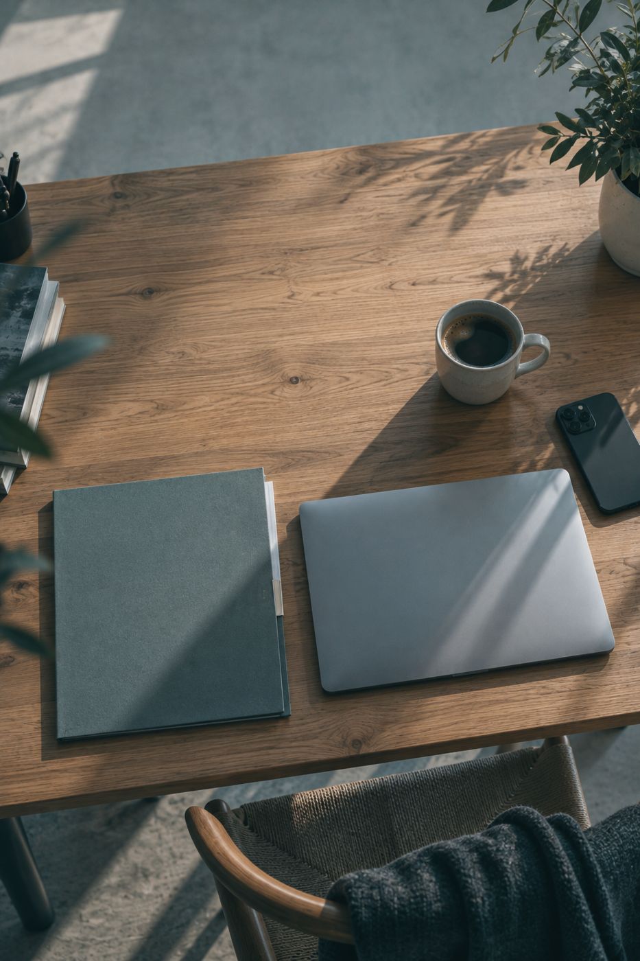 Ordner und Laptop, daneben eine Kaffeetasse, Draufsicht